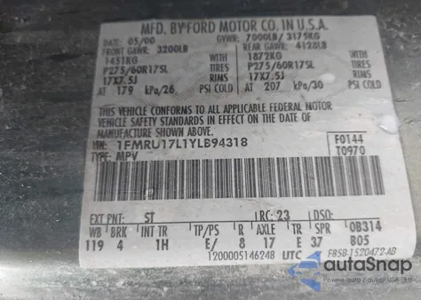 2000 Ford Expedition Eddie Bauer z USA, uszkodzony, nr VIN 1FMRU17L1YLB94318